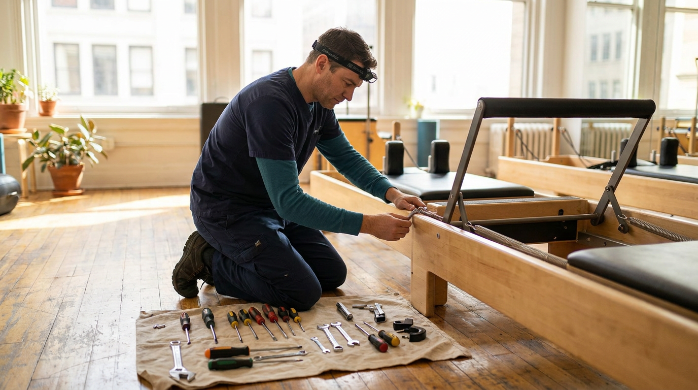 Specialist technician servicing a Pilates reformer in a professional workshop