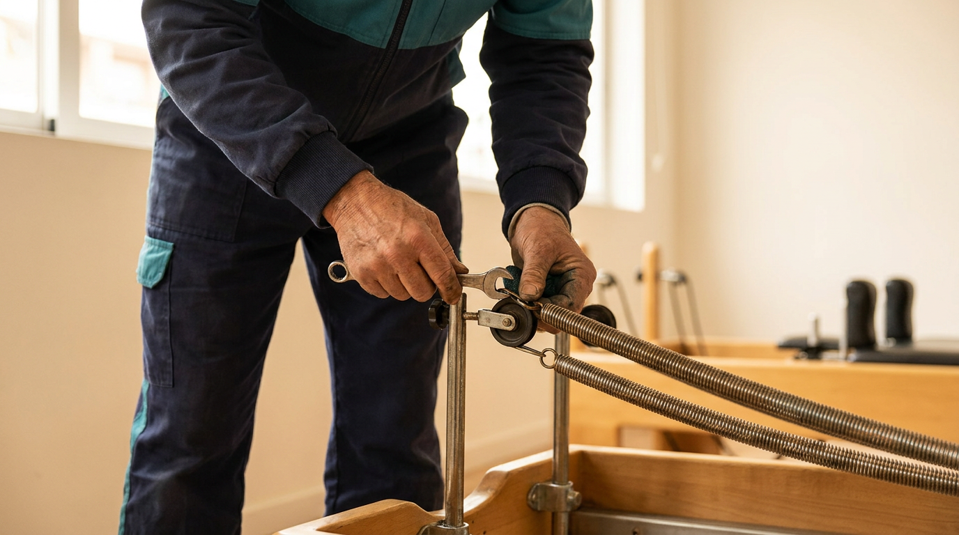 Technical specialist's hands performing precision maintenance on a reformer's mechanical carriage system